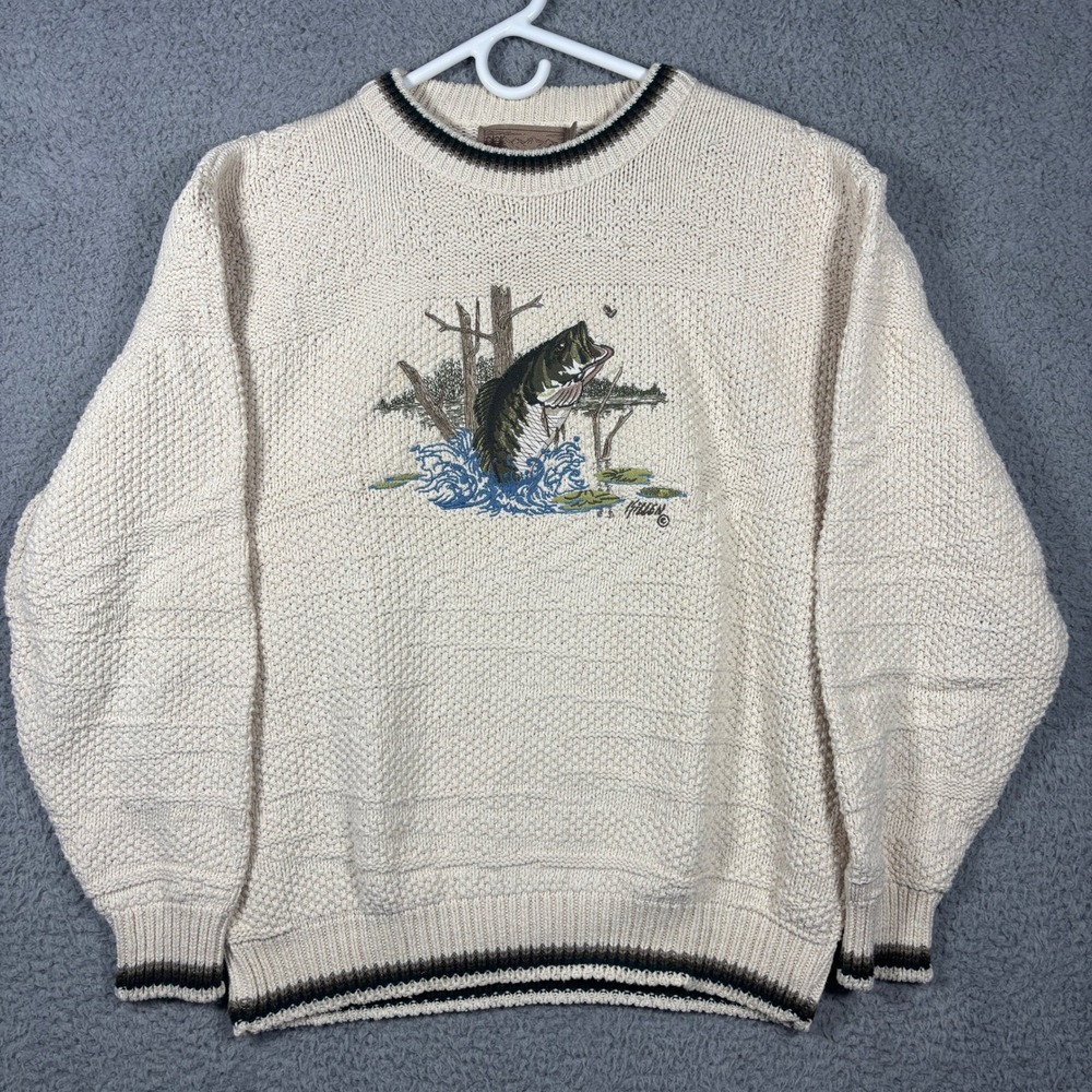 Shenandoah Sweater Mens M Cream Bass Fishing Embroidered Cotton Knit USA Made